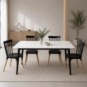 MESA PIEDRA BLCA + 4SILLAS WINDSOR NEGRA
