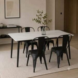 MESA PIEDRA BLCA + 4SILLAS TOLIX PVC NEG
